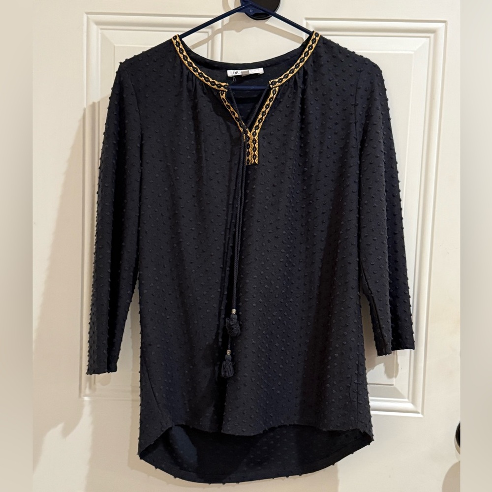 dr2 Womens Dark Gray Textured Gold Chain Tie Keyhole 3/4 Sleeve Blouse Medium